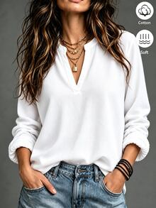 SHEIN 女款休閒通勤日常百搭V領長袖亞麻襯衫 度假白色夏季 - 白色 - 查看 1