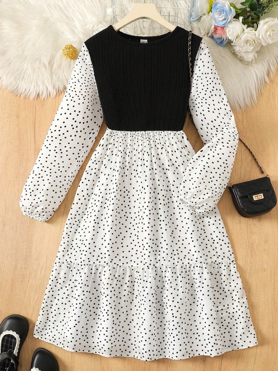 SHEIN Teen Girl White Colorblock Patchwork Short Sleeve Mid-Length Dress Suitable For School Outdoor Activities Shopping Button Graduation Prom Autumn Cute - Black and White - View 1