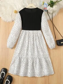 SHEIN 青少年女孩白色拼色拼接短袖中長洋裝，適合學校、戶外活動、購物、鈕扣設計、畢業舞會、秋季，可愛風格 - 黑與白 - 查看 2