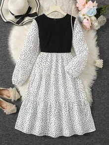 SHEIN 青少年女孩白色拼色拼接短袖中長洋裝，適合學校、戶外活動、購物、鈕扣設計、畢業舞會、秋季，可愛風格 - 黑與白 - 查看 6