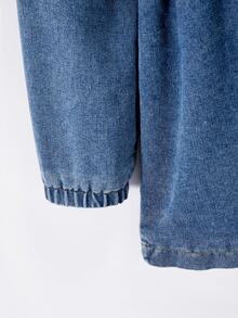 SHEIN 青少年女孩休閒可愛端莊連帽牛仔厚外套，收腰設計，側斜口袋，彈性袖口，校園與校外穿搭，藍色秋季款 - 黑色 - 查看 4
