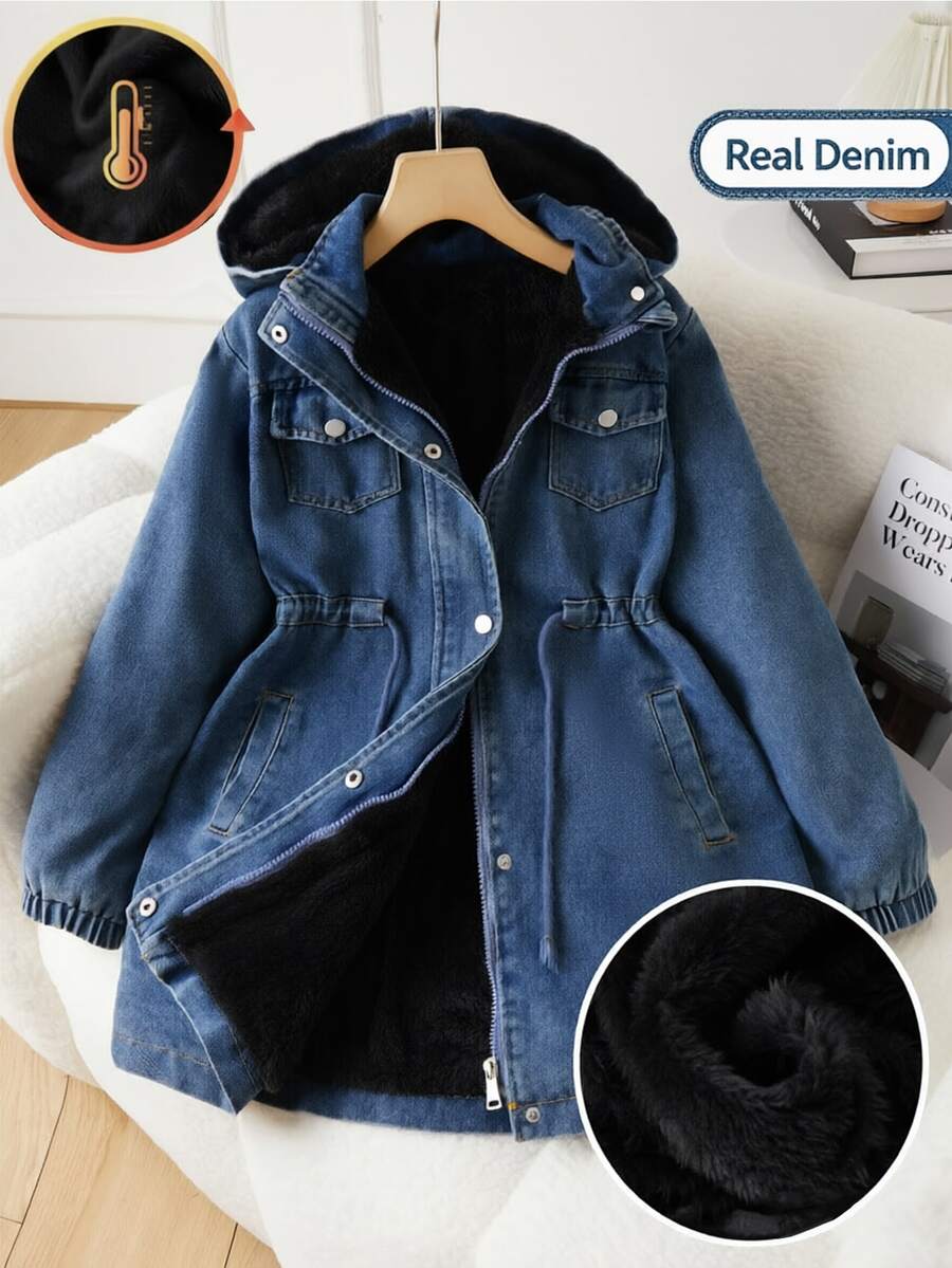 SHEIN 青少年女孩休閒可愛端莊連帽牛仔厚外套,收腰設計,側斜口袋,彈性袖口,校園與校外穿搭,藍色秋季款 - 黑色 - 查看 1