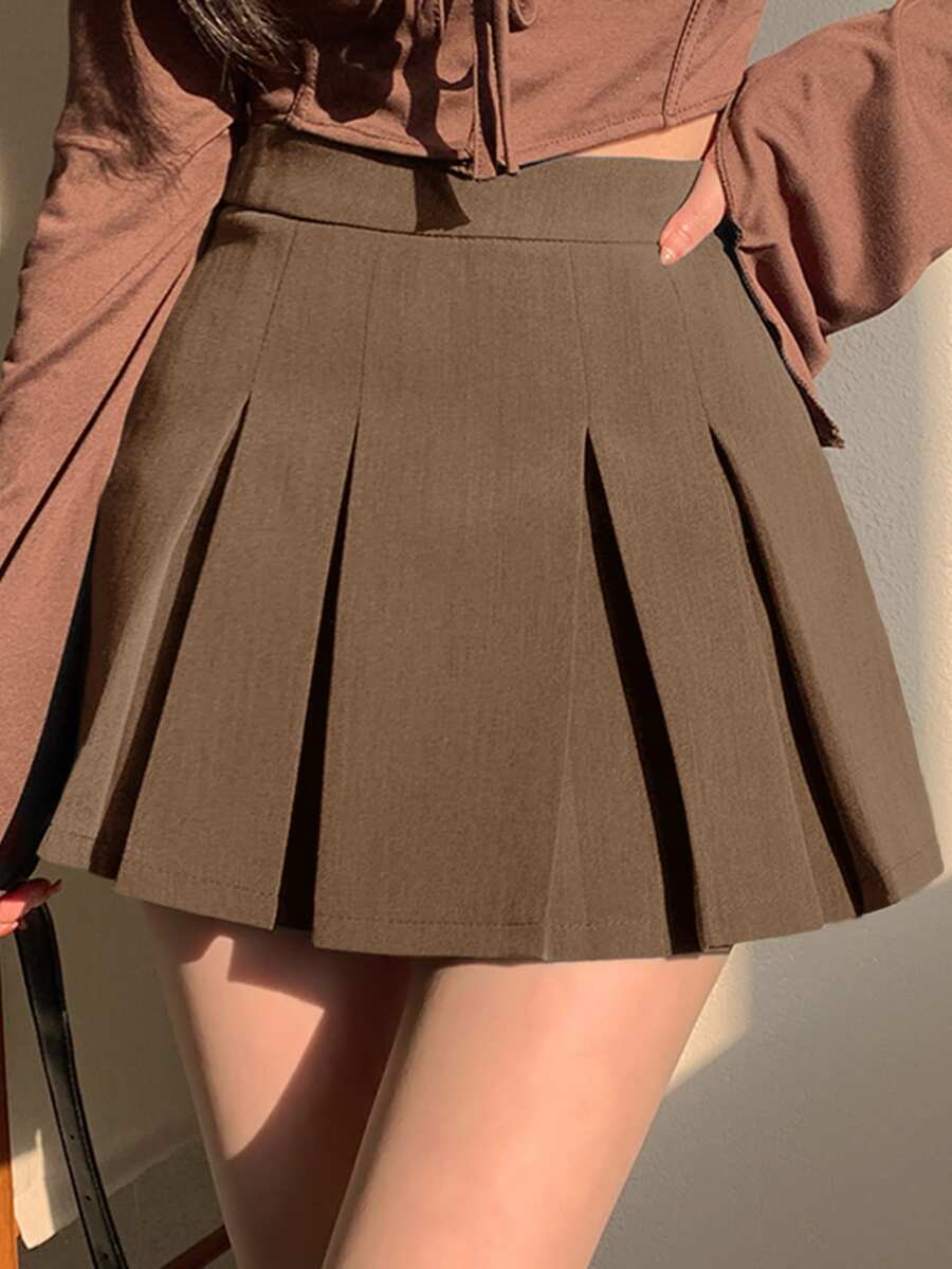 DAZY تنورة نسائية بخطوط متجعدة على شكل حرف A، لارتداء اليومي العادي، ملابس للعودة إلى المدرسة - بني - مشاهدة 1