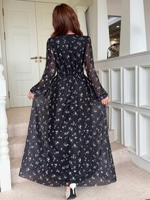 Feyla 女款優雅碎花印花長洋裝，秋季 - 黑色 - 查看 3