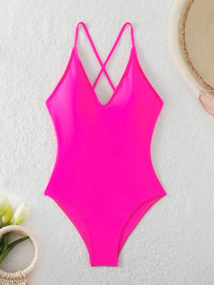 Oceva Women's Hot Pink Plain Criss Cross Spaghetti Strap Sleeveless Casual One Piece Swimsuit - Hot Pink - View 6