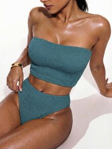 Oceva Women Solid Color Textured Swimwear Bikini Set For Vacation & Summer Beach - Teal Blue - View 4