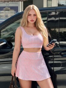 SHEIN Sovereign Charm Set Atasan Tank Crop Kotak-Kotak dan Rok Celana Olahraga Wanita Lucu untuk Gym dan Workout Musim Panas Warna Pink dan Putih - Berwarna merah muda - View 7