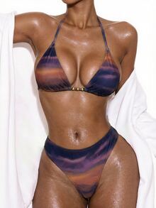 Oceva Conjunto de bikini con parte delantera anudada y espalda descubierta en degradado de color, estilo de vacaciones en la playa para mujeres. Traje de baño de 2 piezas para mujeres - Multicolor - Ver 3