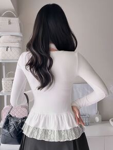 FRIFUL Women's Wing Print Long Sleeve Ruffle Hem Casual T-Shirt - White - View 3