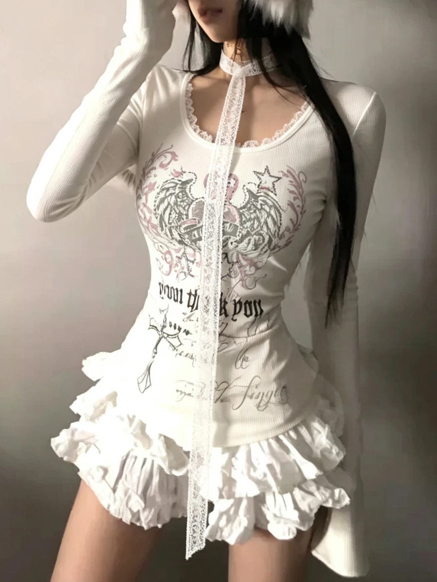 FRIFUL Women's Wing Print Long Sleeve Ruffle Hem Casual T-Shirt - White - View 1