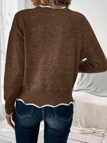 SHEIN LUNE 女款休閒拼色滾邊毛衣，秋冬辦公室穿搭，棕色與白色 - 咖啡棕 - 查看 2