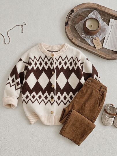 SHEIN 1pc Young Boys Casual Retro Cute Handsome Korean Style Striped Argyle Pattern Long Sleeve Cardigan Sweater, Suitable For Outings, School, Vacation, Autumn/Winter, Back To School Season