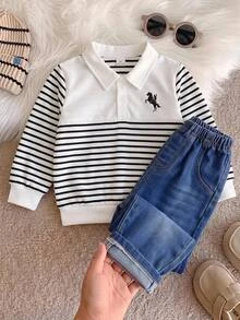 SHEIN 小男孩騎士條紋印花長袖休閒 Polo 衫，適合假期、生日、開學第一天、兒童婚禮賓客穿著 - 黑與白 - 查看 2