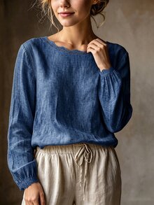 Florisole Women's Casual Elegant Light Linen Round Neck Lace Trim Minimalist Commute Versatile Daily Blouse - Blue - View 5