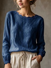 Florisole Women's Casual Elegant Light Linen Round Neck Lace Trim Minimalist Commute Versatile Daily Blouse - Blue - View 3