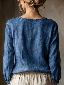 Florisole Women's Casual Elegant Light Linen Round Neck Lace Trim Minimalist Commute Versatile Daily Blouse - Blue - View 2