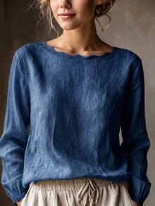 Florisole Women's Casual Elegant Light Linen Round Neck Lace Trim Minimalist Commute Versatile Daily Blouse - Blue - View 1