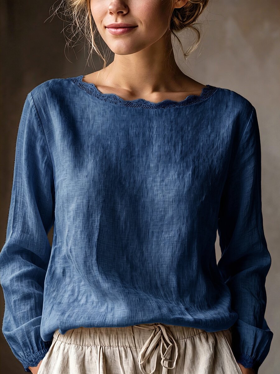 Florisole Women's Casual Elegant Light Linen Round Neck Lace Trim Minimalist Commute Versatile Daily Blouse - Blue - View 1