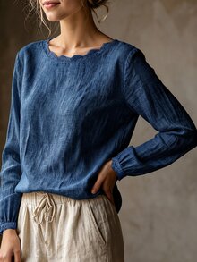 Florisole Women's Casual Elegant Light Linen Round Neck Lace Trim Minimalist Commute Versatile Daily Blouse - Blue - View 6