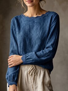 Florisole Women's Casual Elegant Light Linen Round Neck Lace Trim Minimalist Commute Versatile Daily Blouse - Blue - View 4