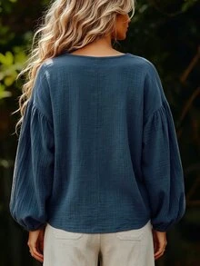 Linhara CURVE Women's Plus Size V-Neck Casual Blouse, Autumn/Winter Outdoor Top Fall - Blue - View 2