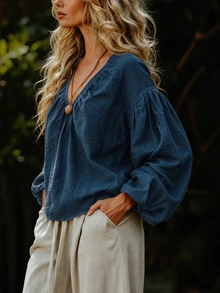 Linhara CURVE Women's Plus Size V-Neck Casual Blouse, Autumn/Winter Outdoor Top Fall - Blue - View 5