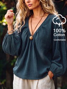 Linhara CURVE Women's Plus Size V-Neck Casual Blouse, Autumn/Winter Outdoor Top Fall - Blue - View 4
