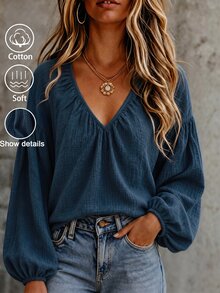 Linhara CURVE Women's Plus Size V-Neck Casual Blouse, Autumn/Winter Outdoor Top Fall - Blue - View 1