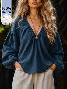 Linhara CURVE Women's Plus Size V-Neck Casual Blouse, Autumn/Winter Outdoor Top Fall - Blue - View 3