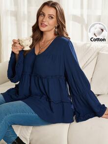 Plus Size French Pleated Long Sleeve Frill Trim Patchwork Blouse Autumn Clothes For Women Winter Clothes Fall Winter 2026 - Blue - View 2
