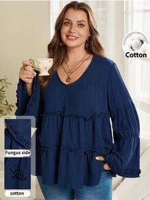 Plus Size French Pleated Long Sleeve Frill Trim Patchwork Blouse Autumn Clothes For Women Winter Clothes Fall Winter 2026 - Blue - View 1