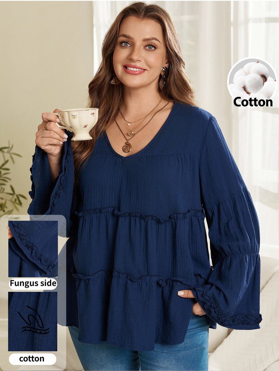 Plus Size French Pleated Long Sleeve Frill Trim Patchwork Blouse Autumn Clothes For Women Winter Clothes Fall Winter 2026 - Blue - View 1