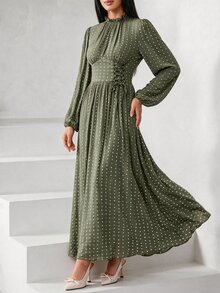 Veilorie Gaun Wanita Motif Polkadot Prancis dengan Tali Serut dan Detail Kerut - Hijau - View 2