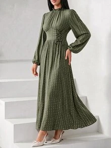 Veilorie Gaun Wanita Motif Polkadot Prancis dengan Tali Serut dan Detail Kerut - Hijau - View 5