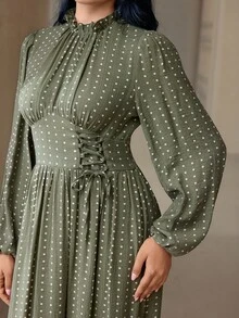 Veilorie Gaun Wanita Motif Polkadot Prancis dengan Tali Serut dan Detail Kerut - Hijau - View 3
