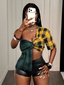 BamGleam Contrast Plaid Asymmetric Twisted Knot Cropped Camisole Blouse, Niche Asymmetrical Single Sleeve Design, Waist-Exposing Slimming Sexy Top - Multicolor - View 5