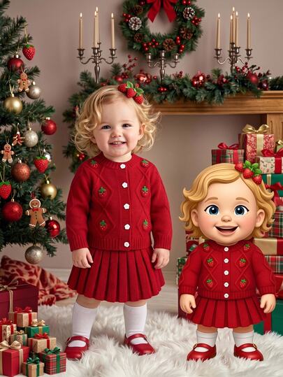 SHEIN Ensemble tricoté 3D fraise rouge pour bébé fille, cardigan à motif argyle & jupe plissée 2 pièces, vêtements d'automne/hiver pour enfants
