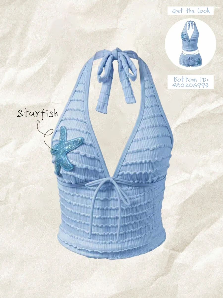 Elavelle Women's Spring/Summer Jacquard Fabric Spaghetti Strap Starfish Decor Bikini Top Tank - Blue - View 1