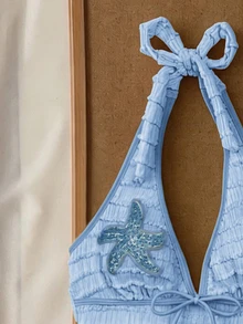 Elavelle Women's Spring/Summer Jacquard Fabric Spaghetti Strap Starfish Decor Bikini Top Tank - Blue - View 4