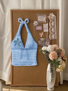 Elavelle Women's Spring/Summer Jacquard Fabric Spaghetti Strap Starfish Decor Bikini Top Tank - Blue - View 2