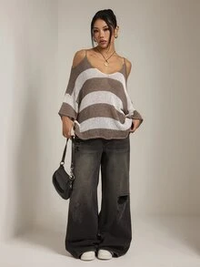 SHEIN PETITE Áo len nữ hở vai phong cách vintage du lịch họa tiết sọc phối màu - Nhiều màu - Xem 4