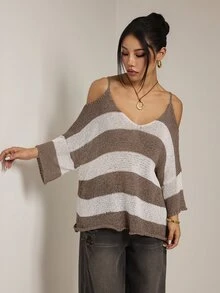SHEIN PETITE Áo len nữ hở vai phong cách vintage du lịch họa tiết sọc phối màu - Nhiều màu - Xem 8