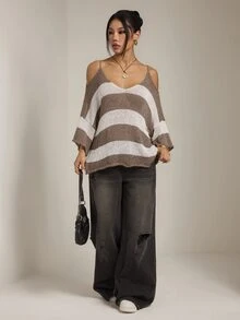 SHEIN PETITE Áo len nữ hở vai phong cách vintage du lịch họa tiết sọc phối màu - Nhiều màu - Xem 6