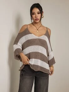SHEIN PETITE Áo len nữ hở vai phong cách vintage du lịch họa tiết sọc phối màu - Nhiều màu - Xem 10