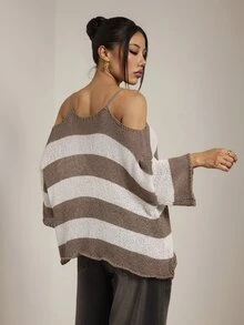 SHEIN PETITE Áo len nữ hở vai phong cách vintage du lịch họa tiết sọc phối màu - Nhiều màu - Xem 5