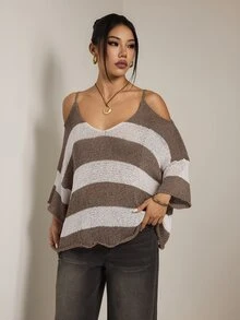 SHEIN PETITE Áo len nữ hở vai phong cách vintage du lịch họa tiết sọc phối màu - Nhiều màu - Xem 7