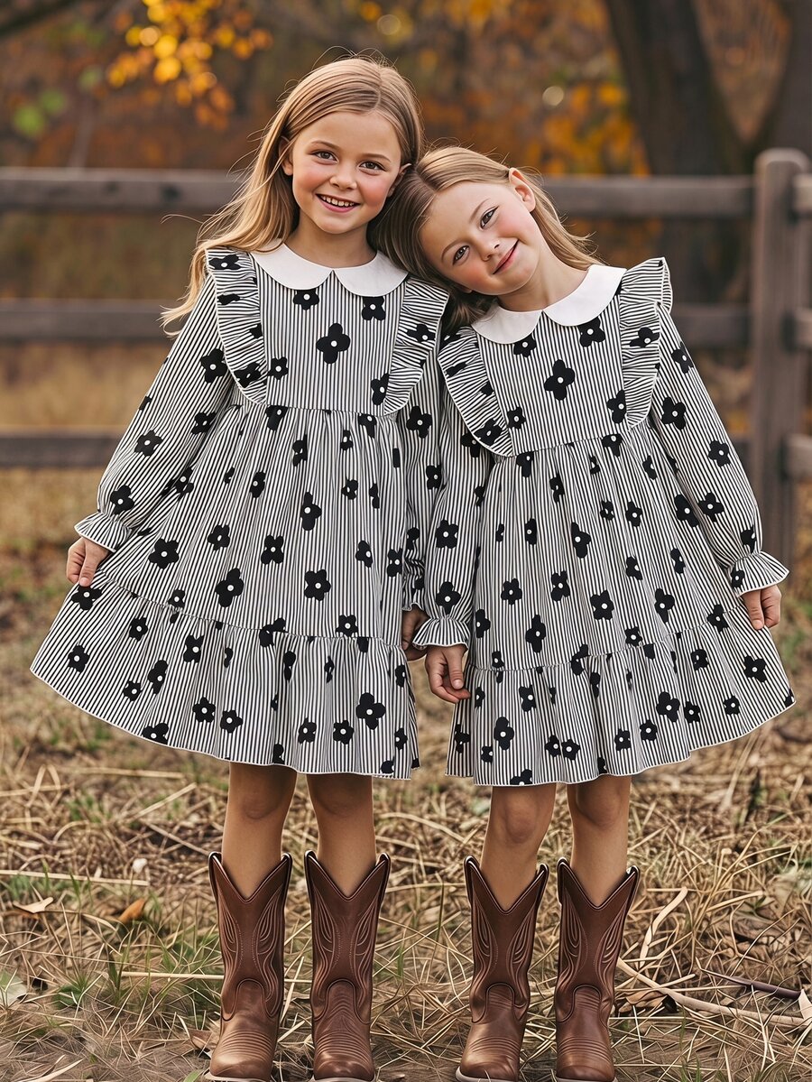 Tween Girl Spring Autumn Casual Daily School Versatile Cute Silhouette Floral Print Color Block Peter Pan Collar Ruffle Long Sleeve Cinched Waist Patchwork Dress, Autumn Outing Vacation, Daily Wear - Black and White - View 1