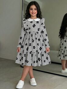 Tween女孩春秋休閒日常上學百搭可愛剪影花卉印花拼色彼得潘領荷葉邊長袖收腰拼接洋裝，秋季出遊度假日常穿著 - 黑與白 - 查看 1
