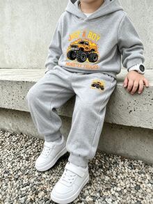 Boys' Flame Truck Car Print Gray Hooded Sweatshirt And Sweatpants Two-Piece Set Casual Sports Basic Daily College Style Spring Autumn Winter 4y-7y - Grey - View 4