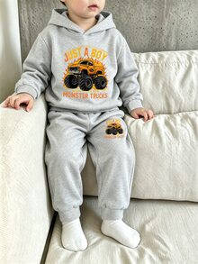 Boys' Flame Truck Car Print Gray Hooded Sweatshirt And Sweatpants Two-Piece Set Casual Sports Basic Daily College Style Spring Autumn Winter 4y-7y - Grey - View 1